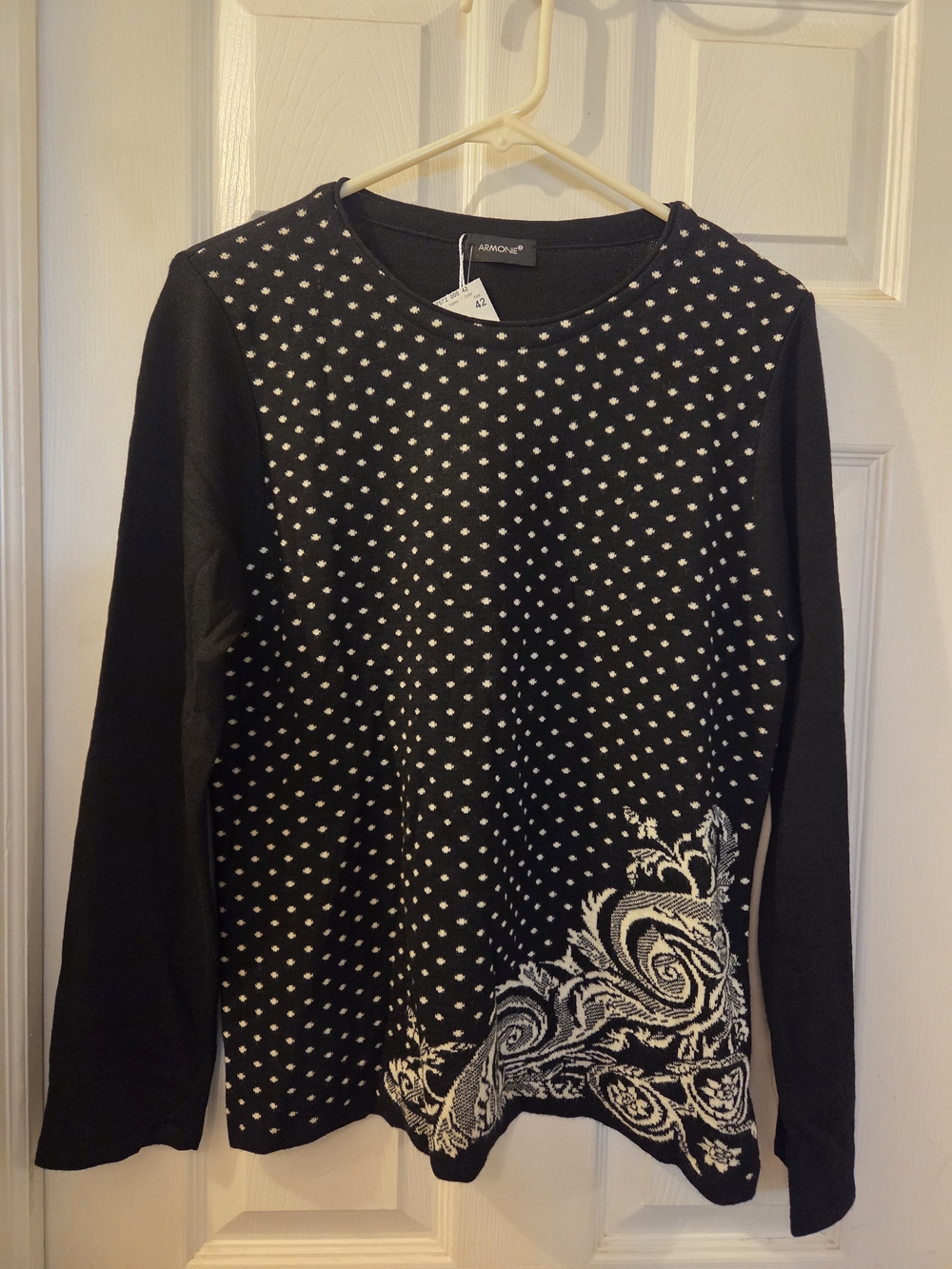 Armonie Lux Black Crewneck Sweater with White Dot and Paisley Accent NWT